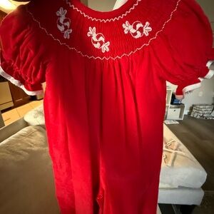 Red Smocked Baby Dress with White Embroidery